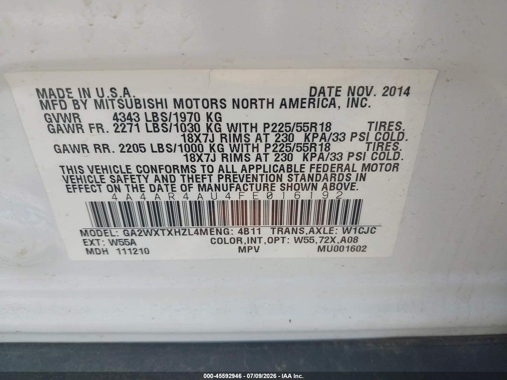 4A4AR4AU4FE016192 2015 MITSUBISHI OUTLANDER SPORT photo no. 9