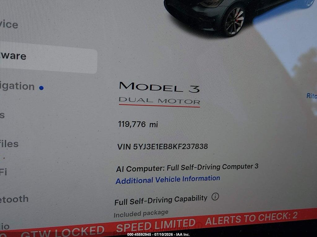 5YJ3E1EB8KF237838 2019 TESLA MODEL 3 photo no. 7
