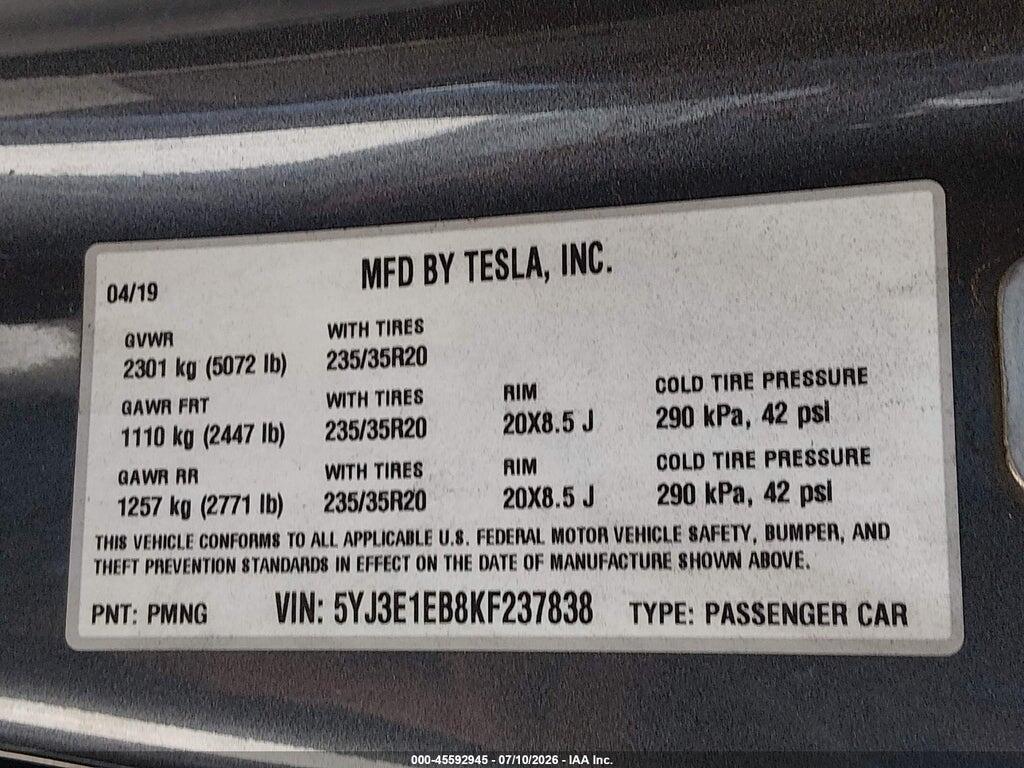5YJ3E1EB8KF237838 2019 TESLA MODEL 3 photo no. 9