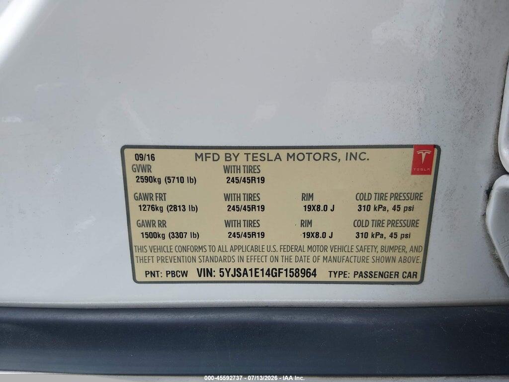 5YJSA1E14GF158964 2016 TESLA MODEL S photo no. 9