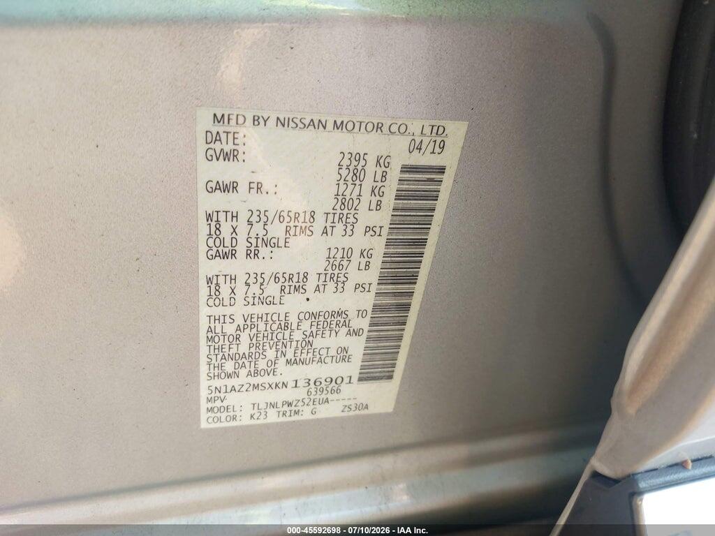 5N1AZ2MSXKN136901 2019 NISSAN MURANO photo no. 9