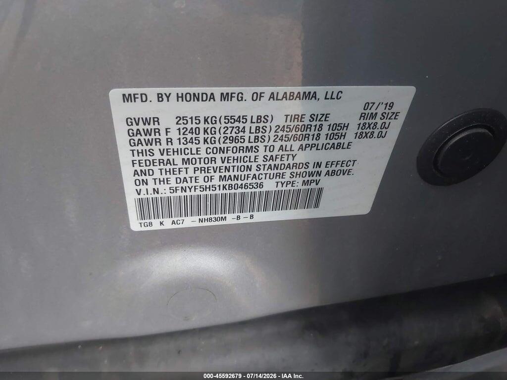 5FNYF5H51KB046536 2019 HONDA PILOT photo no. 9