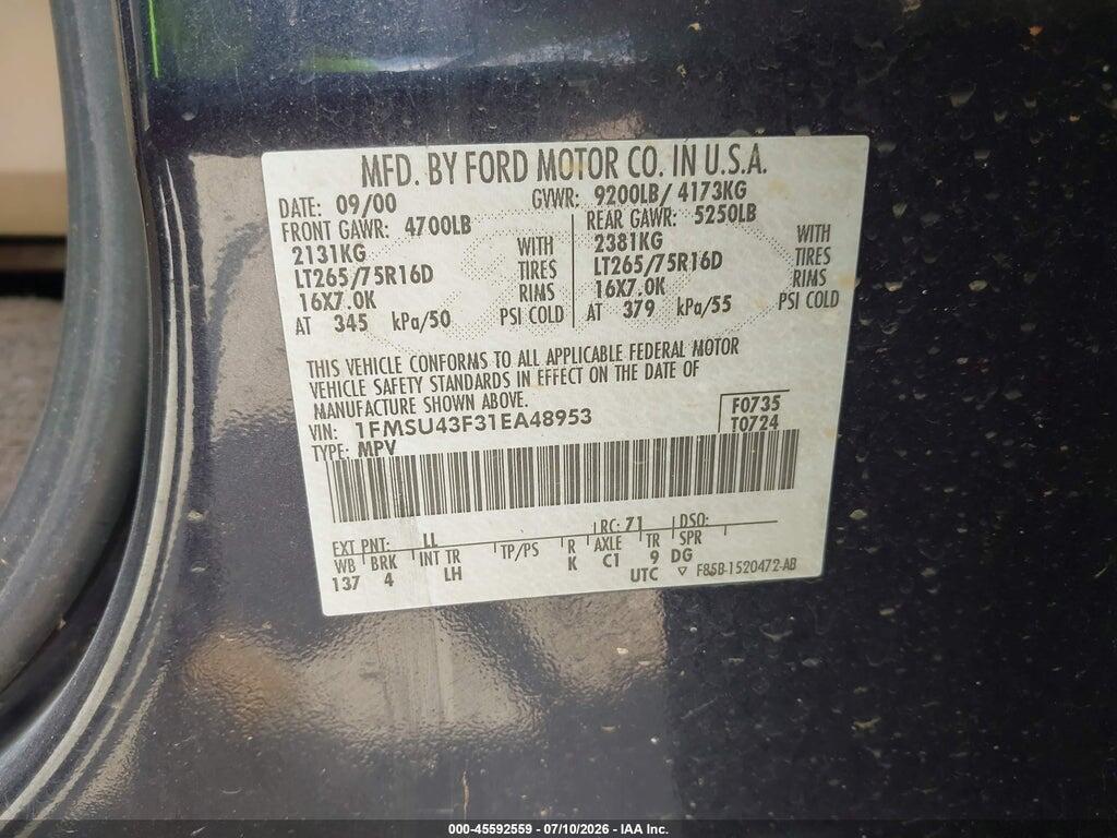1FMSU43F31EA48953 2001 FORD EXCURSION photo no. 9