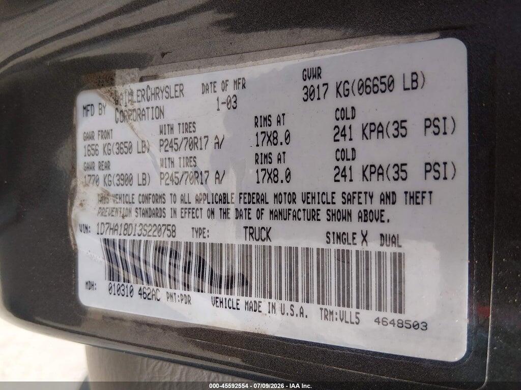 1D7HA18D13S220758 2003 DODGE RAM 1500 photo no. 9