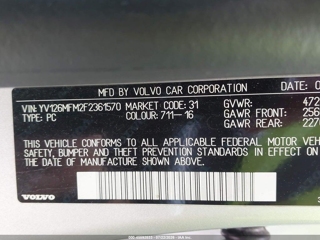 YV126MFM2F2361570 2015 VOLVO S60 photo no. 9