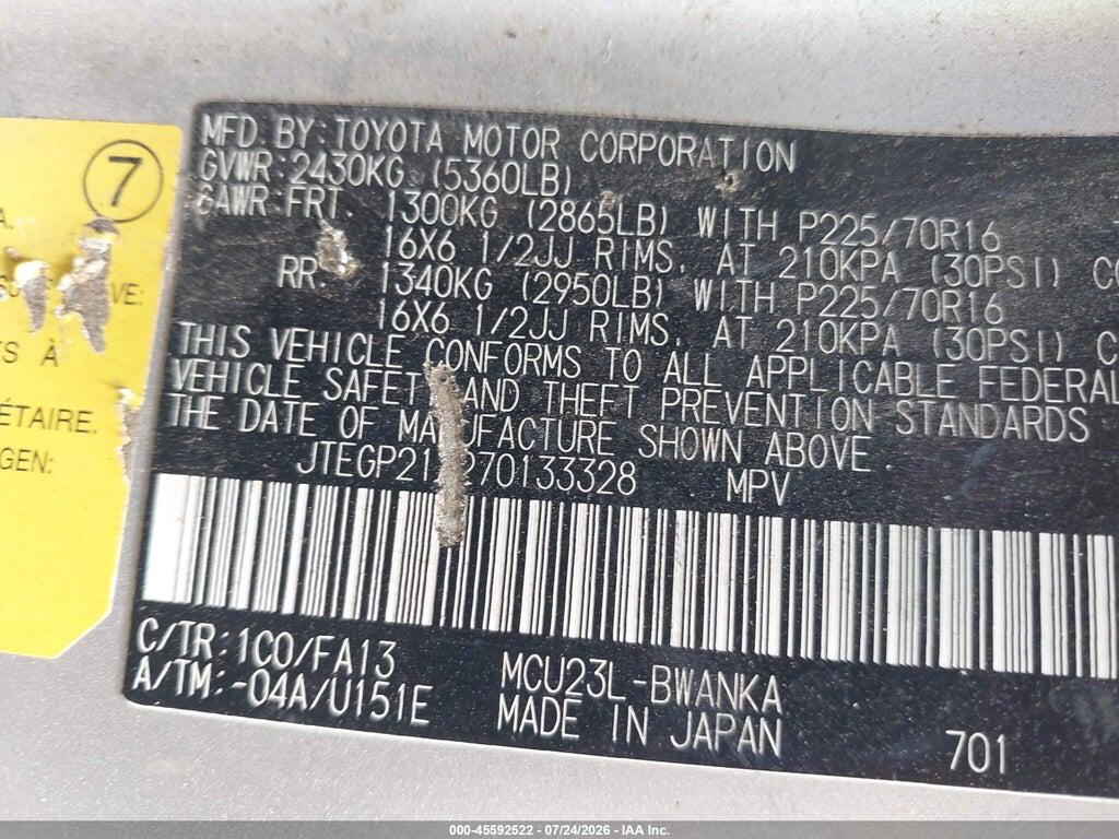 JTEGP21A270133328 2007 TOYOTA HIGHLANDER photo no. 9