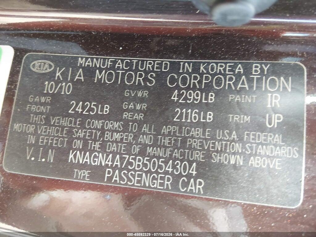 KNAGN4A75B5054304 2011 KIA OPTIMA photo no. 9