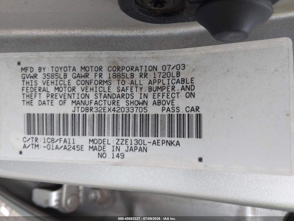 JTDBR32EX42033705 2004 TOYOTA COROLLA photo no. 9