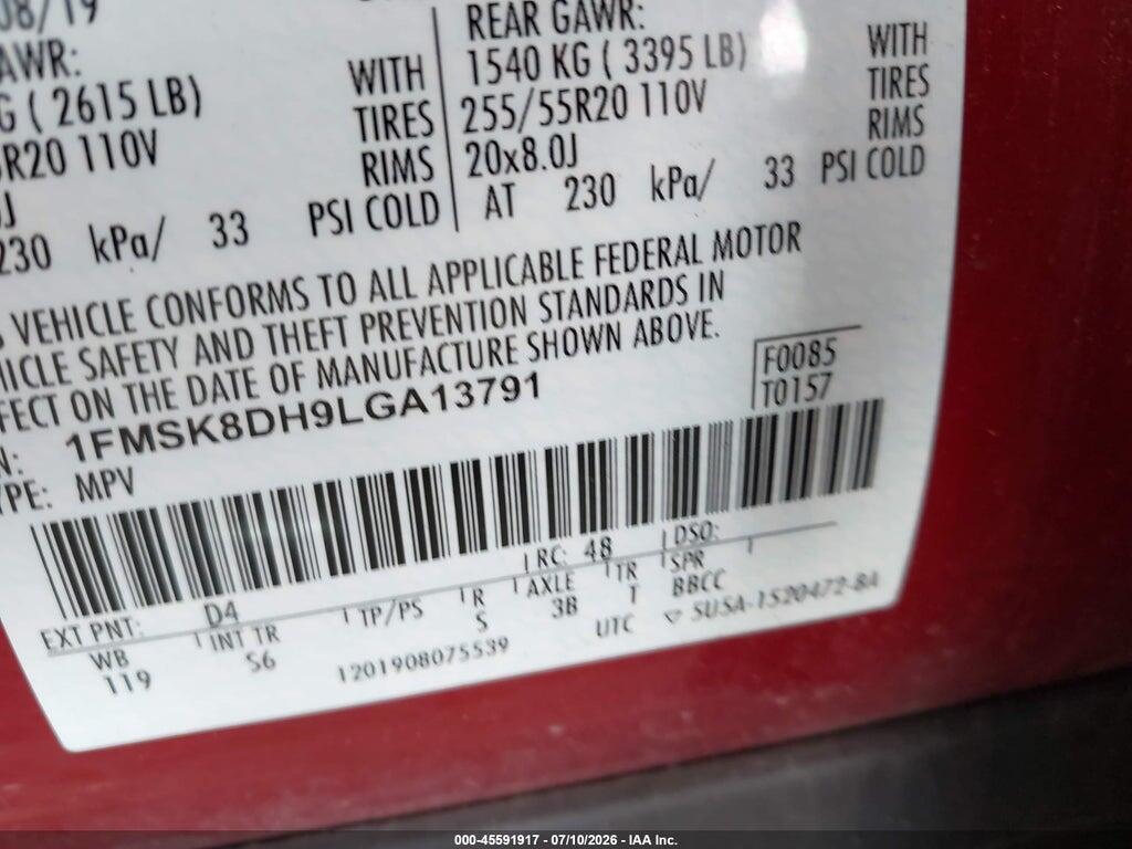 1FMSK8DH9LGA13791 2020 FORD EXPLORER photo no. 9