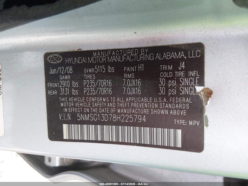 5NMSG13D78H225794 2008 HYUNDAI SANTA FE photo no. 9