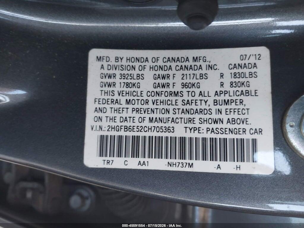 2HGFB6E52CH705363 2012 HONDA CIVIC photo no. 9
