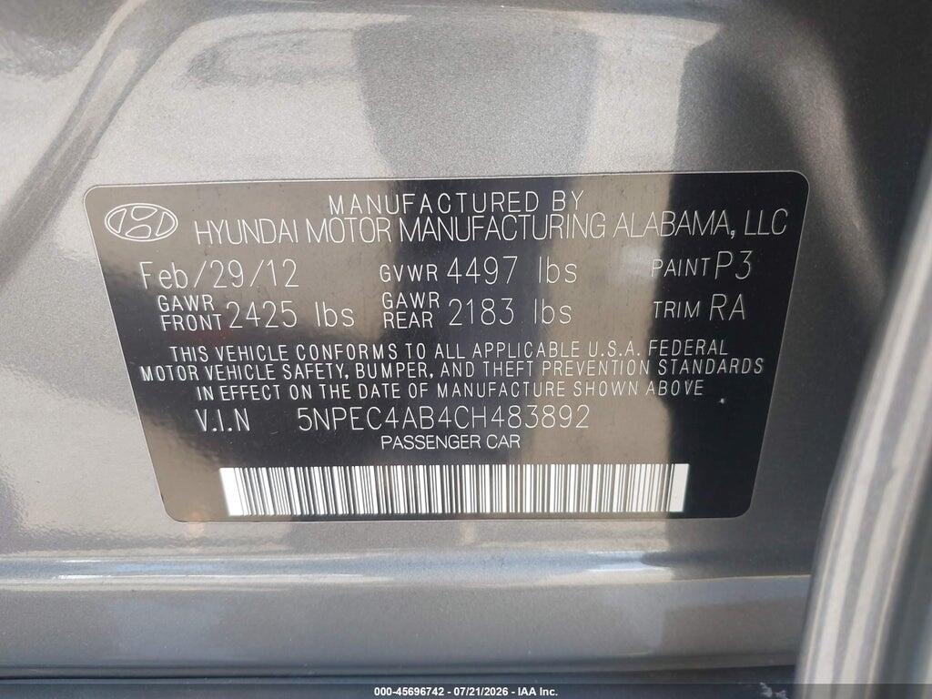 5NPEC4AB4CH483892 2012 HYUNDAI SONATA photo no. 9