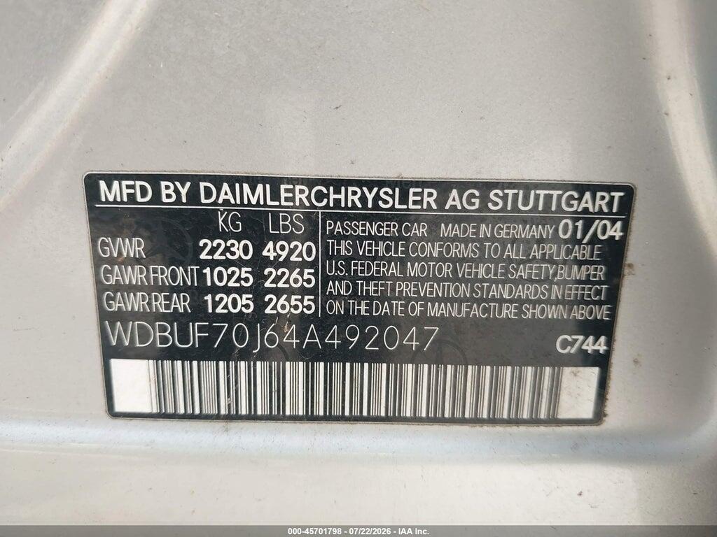 WDBUF70J64A492047 2004 MERCEDES-BENZ E 500 photo no. 9
