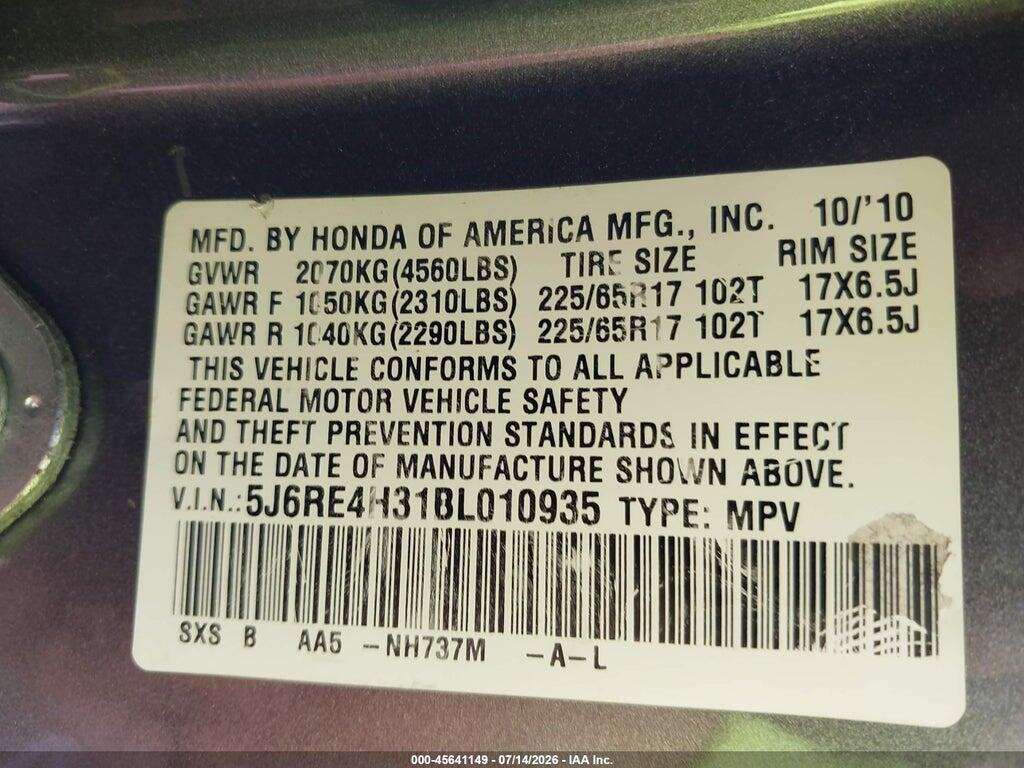 5J6RE4H31BL010935 2011 HONDA CR-V photo no. 9