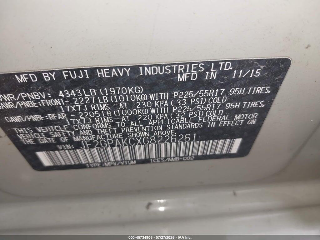 JF2GPAKCXG8226261 2016 SUBARU CROSSTREK photo no. 9
