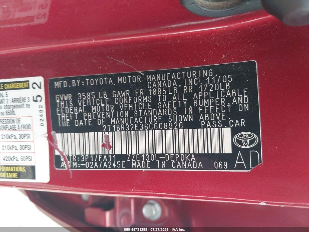 2T1BR32E36C608926 2006 TOYOTA COROLLA photo no. 9