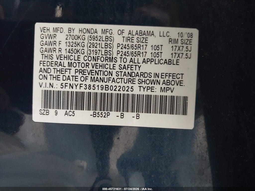 5FNYF38519B022025 2009 HONDA PILOT photo no. 9
