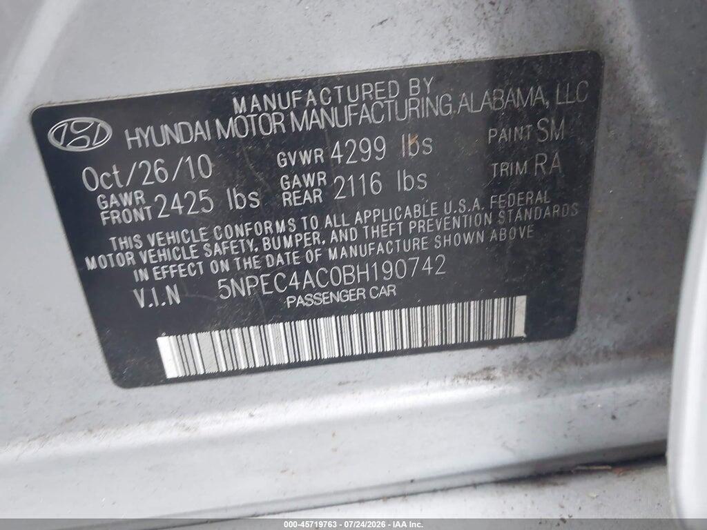 5NPEC4AC0BH190742 2011 HYUNDAI SONATA photo no. 9