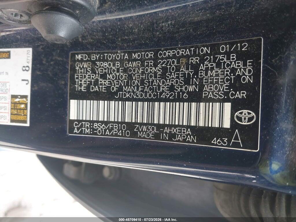 JTDKN3DU0C1492116 2012 TOYOTA PRIUS photo no. 9