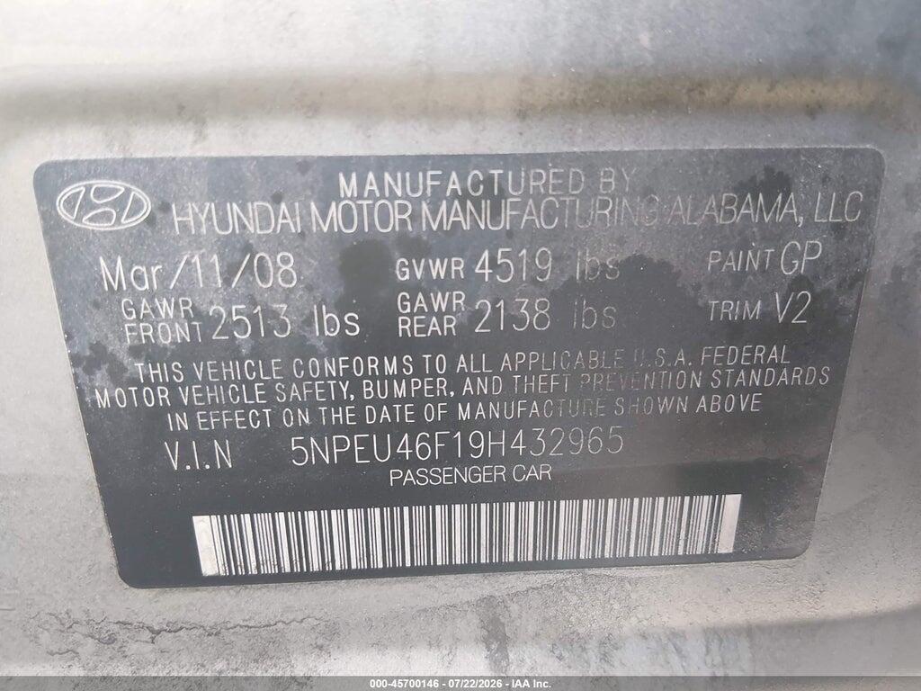 5NPEU46F19H432965 2009 HYUNDAI SONATA photo no. 9