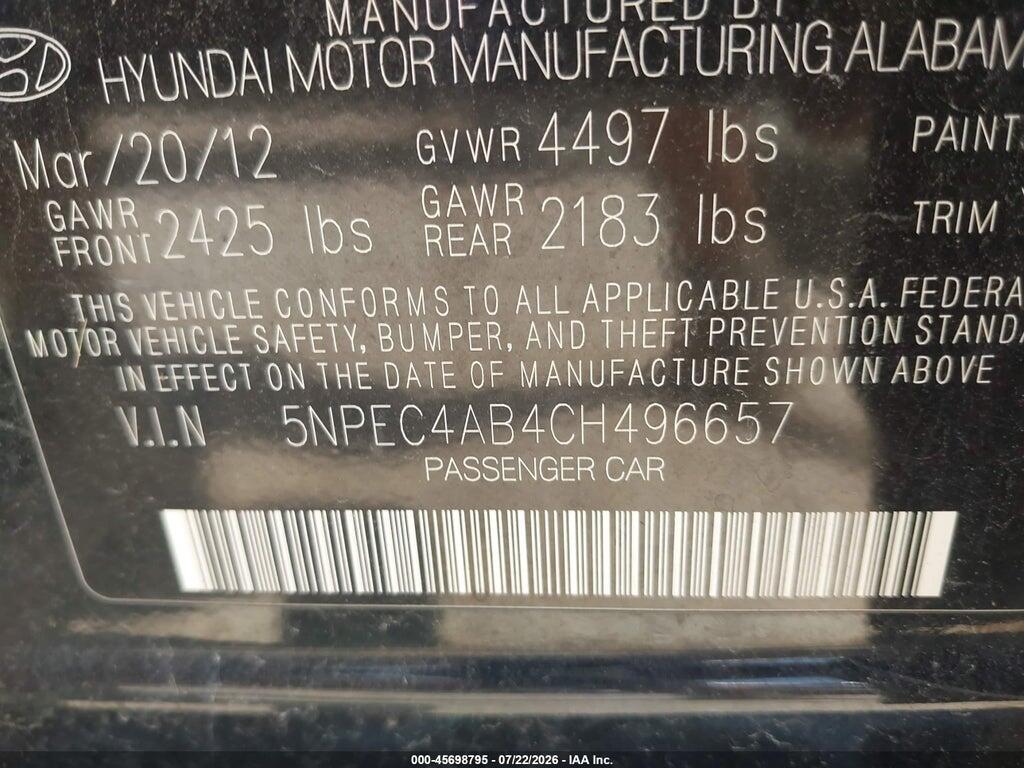 5NPEC4AB4CH496657 2012 HYUNDAI SONATA photo no. 9