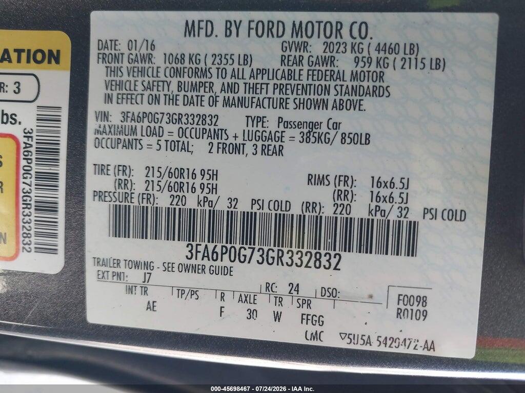 3FA6P0G73GR332832 2016 FORD FUSION photo no. 9