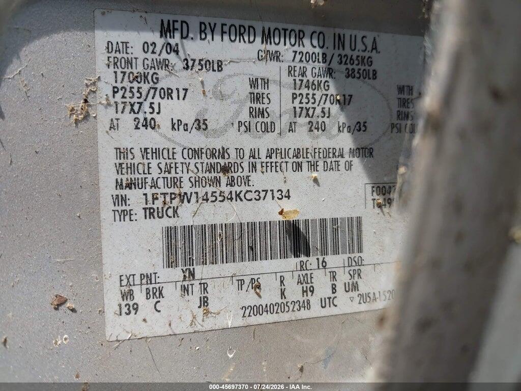 1FTPW14554KC37134 2004 FORD F-150 photo no. 9