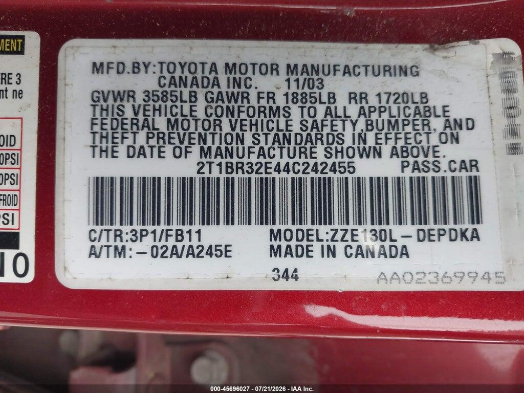 2T1BR32E44C242455 2004 TOYOTA COROLLA photo no. 9