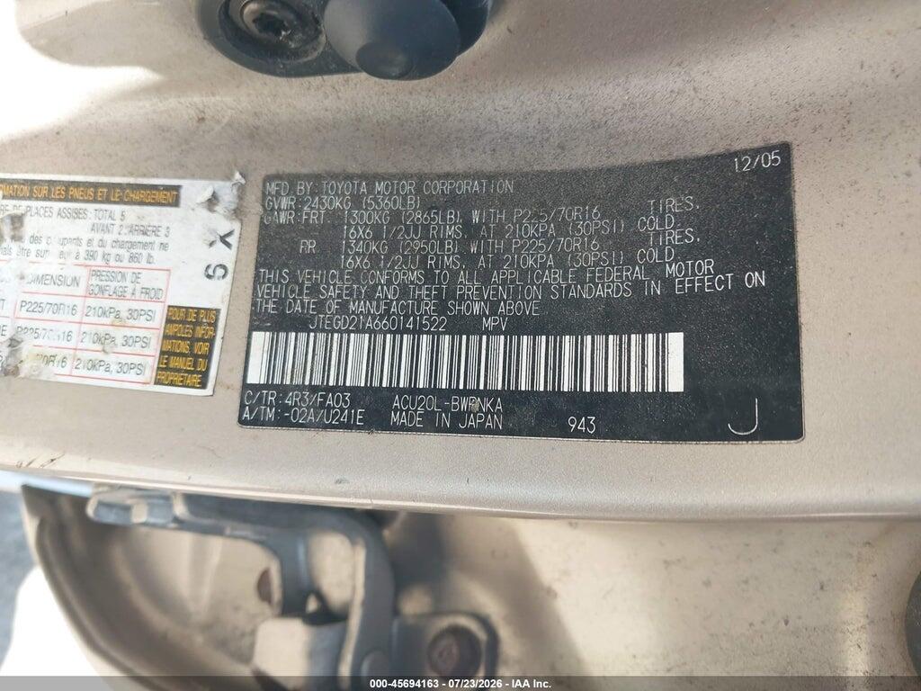 JTEGD21A660141522 2006 TOYOTA HIGHLANDER photo no. 9