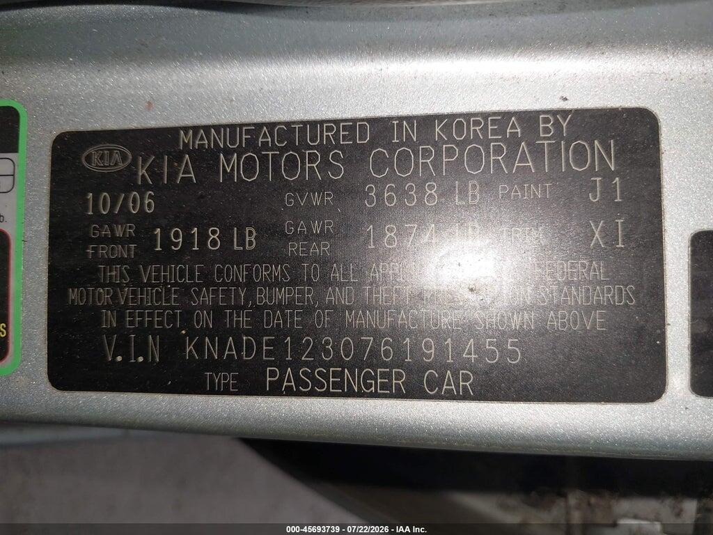 KNADE123076191455 2007 KIA RIO photo no. 9