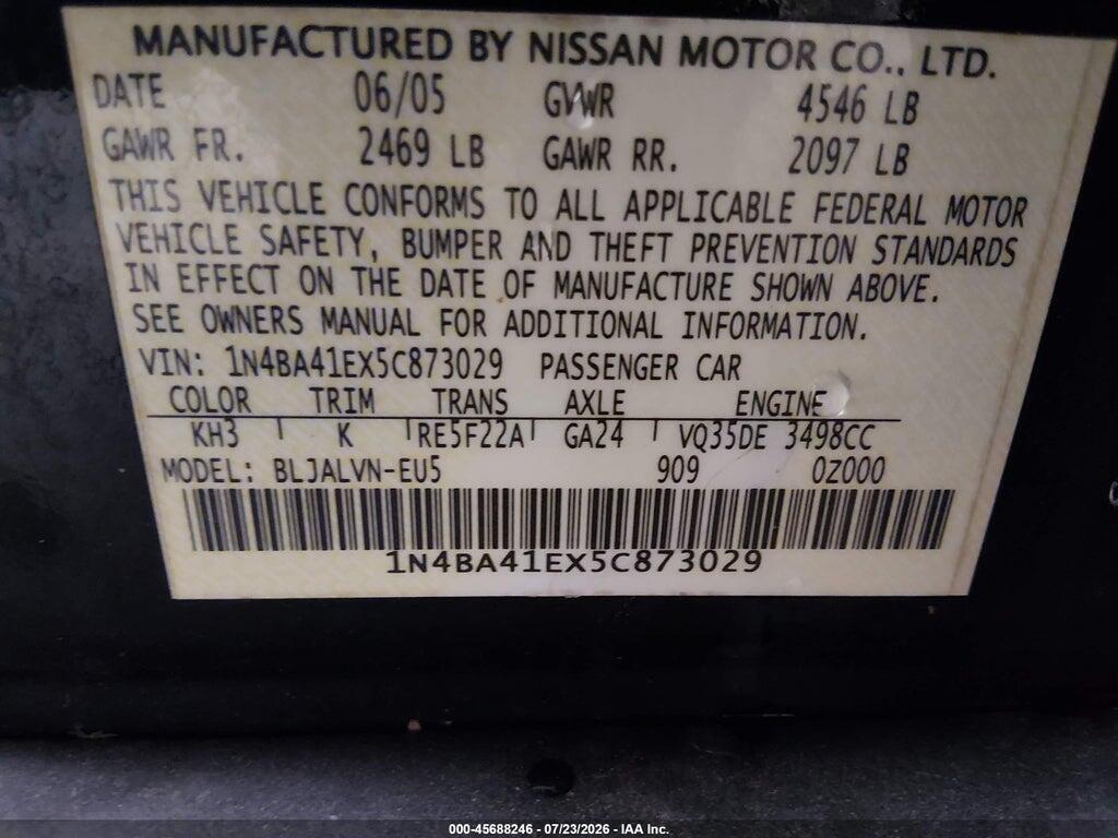 1N4BA41EX5C873029 2005 NISSAN MAXIMA photo no. 9