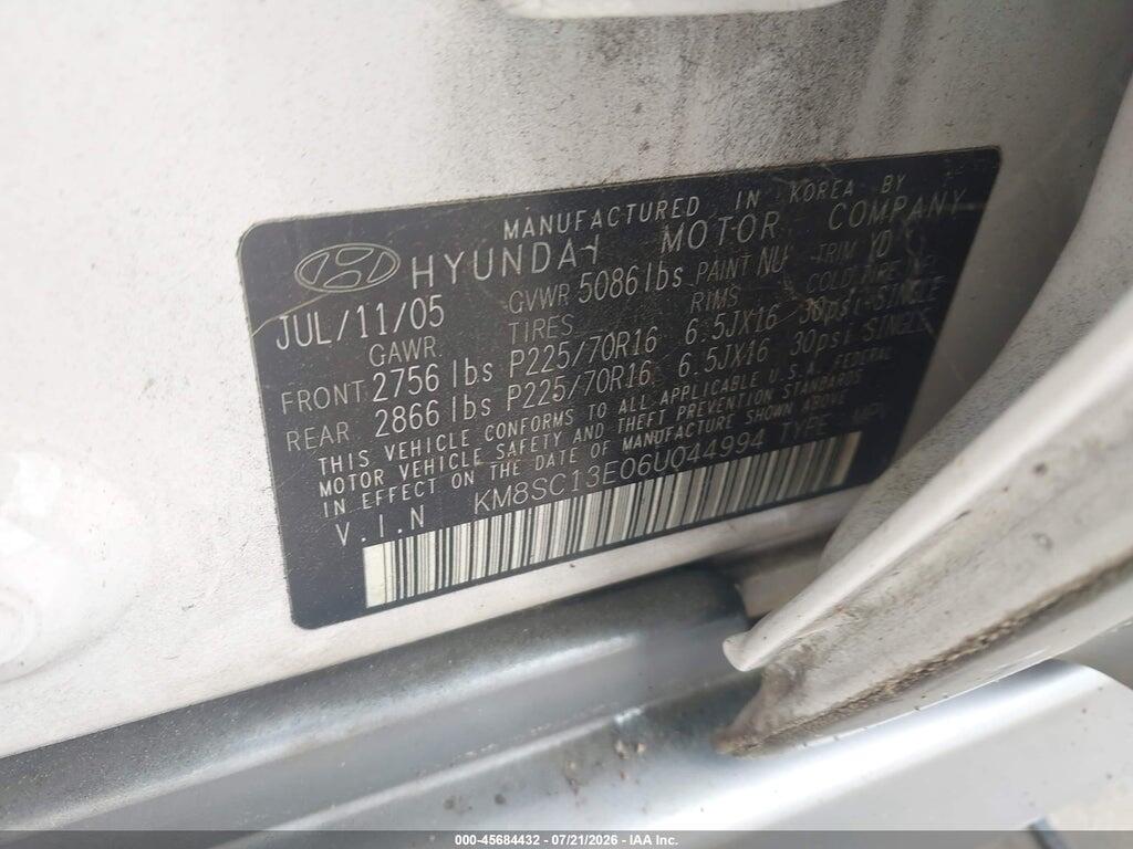 KM8SC13E06U044994 2006 HYUNDAI SANTA FE photo no. 9