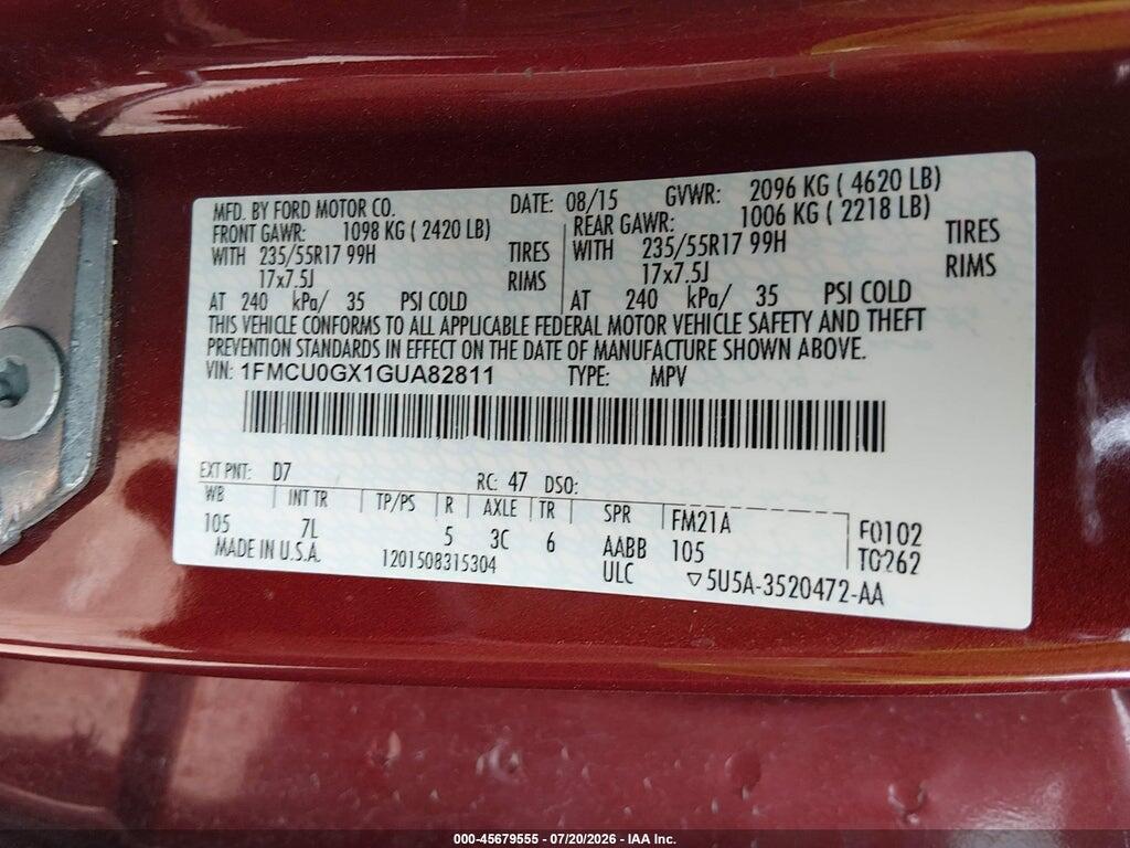 1FMCU0GX1GUA82811 2016 FORD ESCAPE photo no. 9