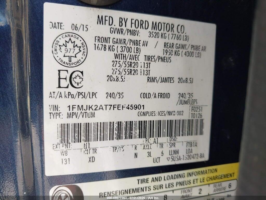 1FMJK2AT7FEF45901 2015 FORD EXPEDITION MAX photo no. 9