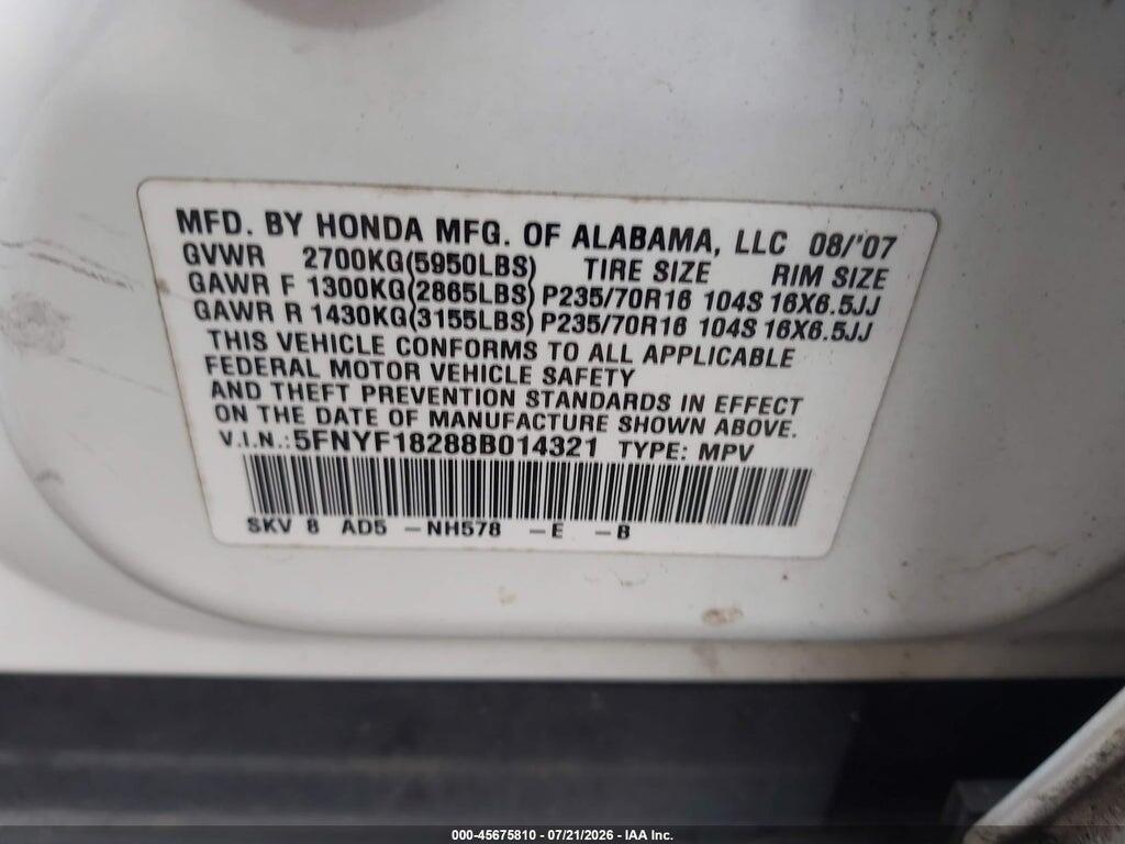 5FNYF18288B014321 2008 HONDA PILOT photo no. 9