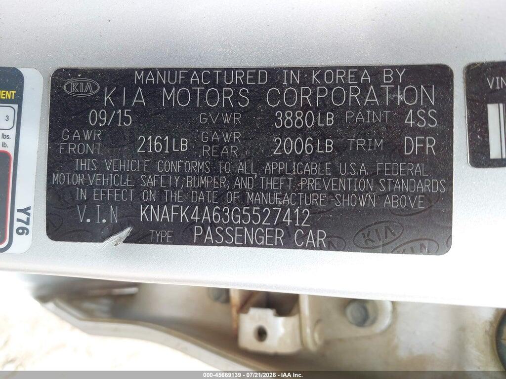 KNAFK4A63G5527412 2016 KIA FORTE photo no. 9