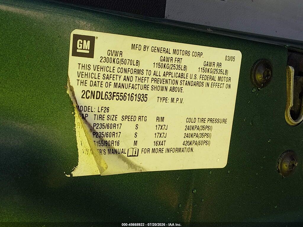 2CNDL63F556161935 2005 CHEVROLET EQUINOX photo no. 9