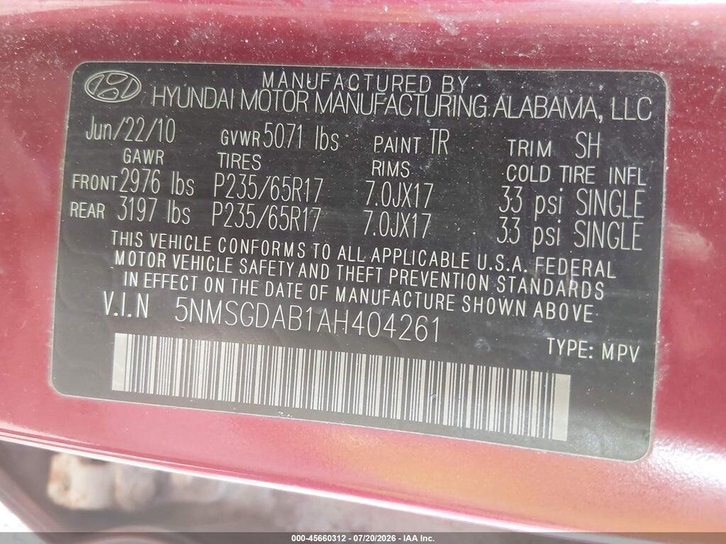 5NMSGDAB1AH404261 2010 HYUNDAI SANTA FE photo no. 9