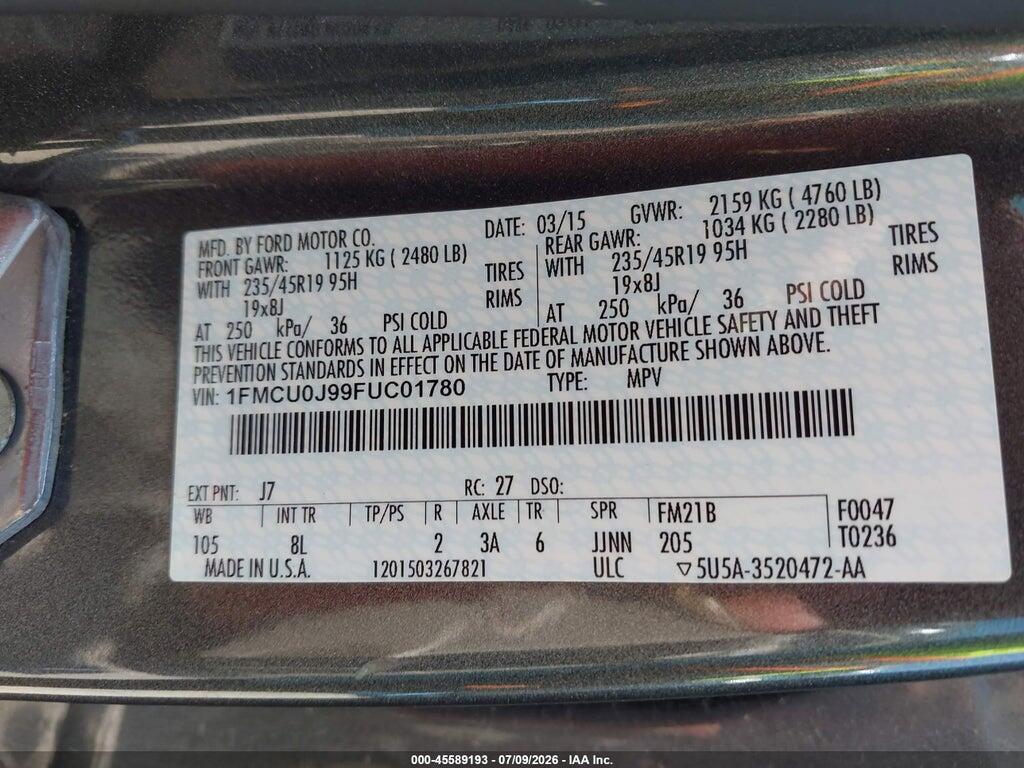 1FMCU0J99FUC01780 2015 FORD ESCAPE photo no. 9