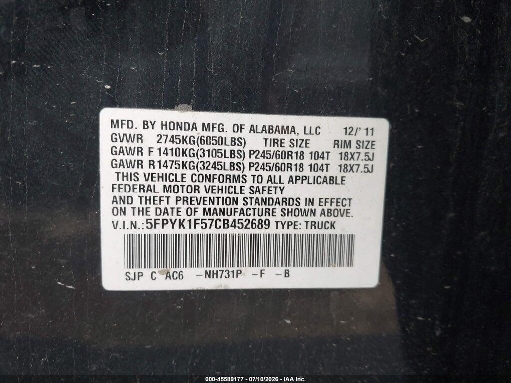 5FPYK1F57CB452689 2012 HONDA RIDGELINE photo no. 9