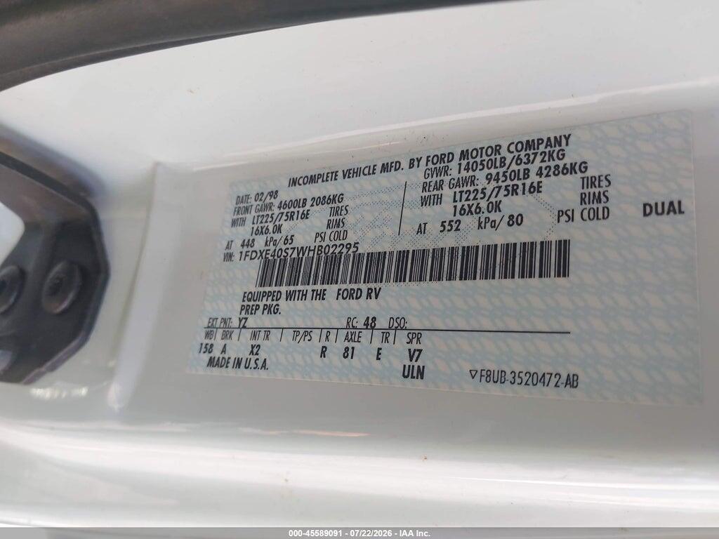 1FDXE40S7WHB02295 1998 FORD ECONOLINE photo no. 9