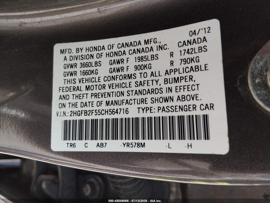 2HGFB2F55CH564716 2012 HONDA CIVIC photo no. 9