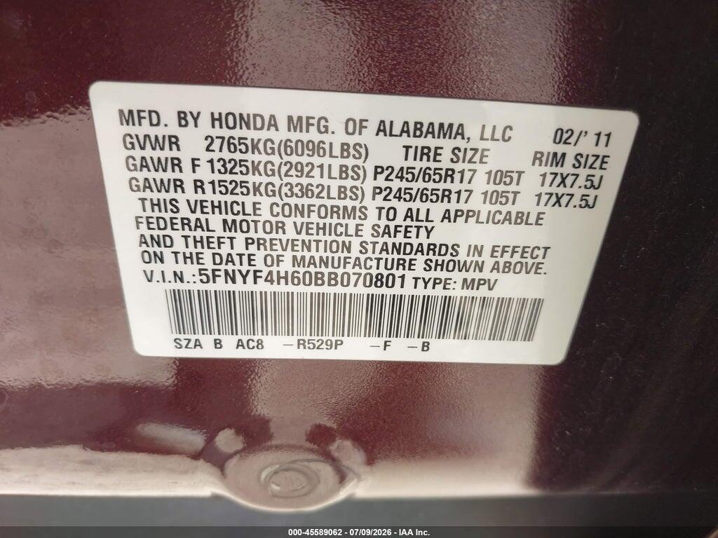 5FNYF4H60BB070801 2011 HONDA PILOT photo no. 9