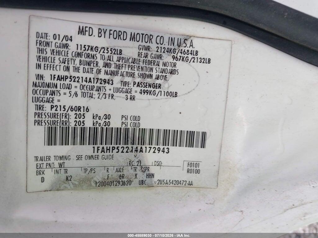 1FAHP52214A172943 2004 FORD TAURUS photo no. 9