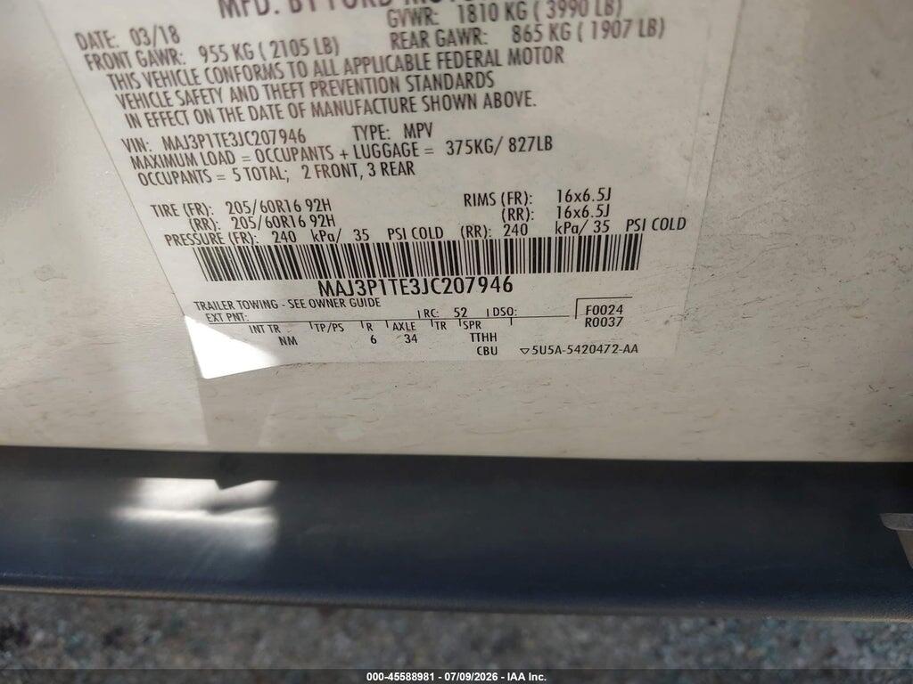 MAJ3P1TE3JC207946 2018 FORD ECOSPORT photo no. 9