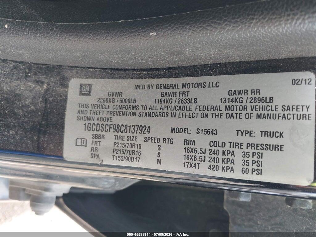 1GCDSCF98C8137924 2012 CHEVROLET COLORADO photo no. 9