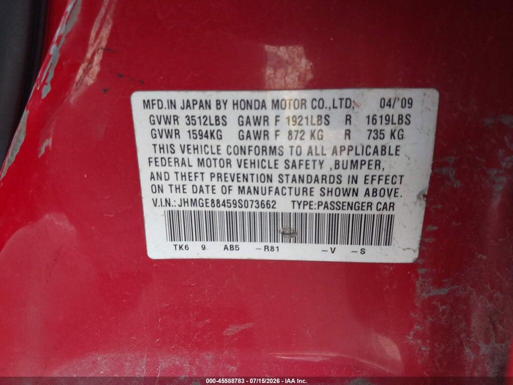 JHMGE88459S073662 2009 HONDA FIT photo no. 9
