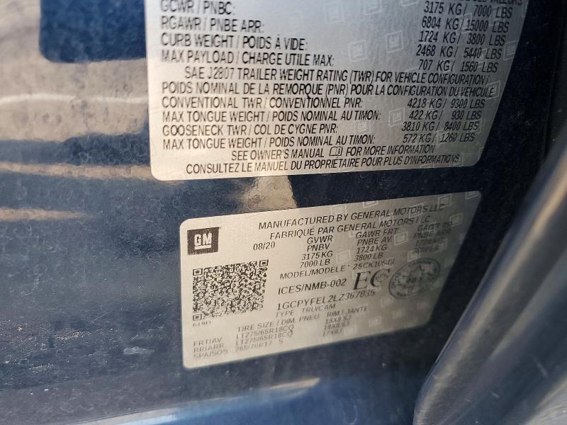 1GCPYFEL2LZ367835 2020 CHEVROLET SILVERADO photo no. 12