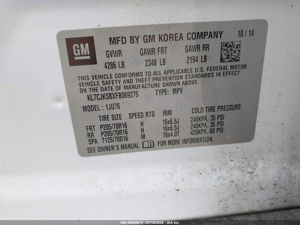 KL7CJKSBXFB069275 2015 CHEVROLET TRAX photo no. 9