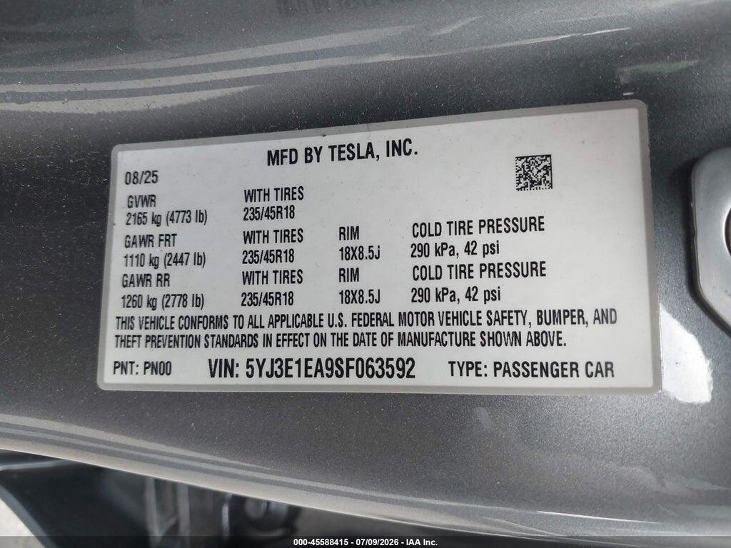 5YJ3E1EA9SF063592 2025 TESLA MODEL 3 photo no. 9
